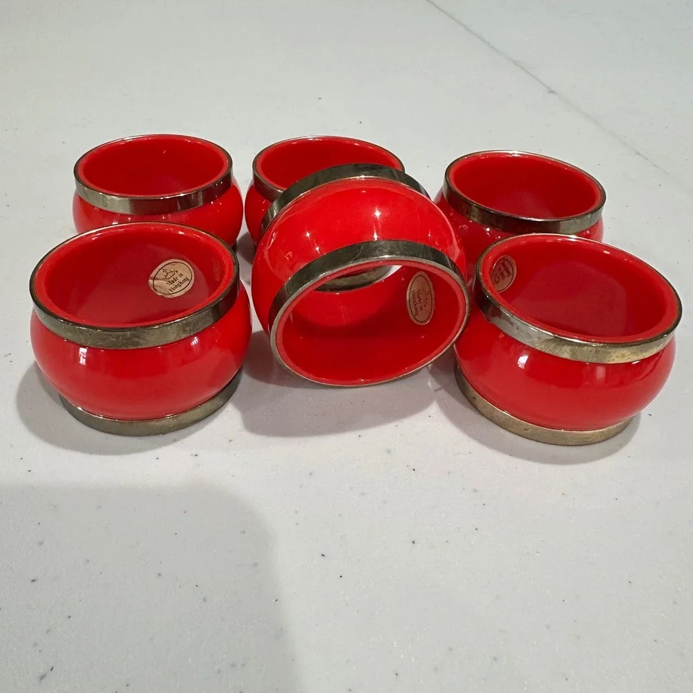 Unbranded MCM Napkin Rings Unisex OS Red Vintage Set of 6 Gold Trim Hong Kong